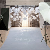 Aperturee - Aperturee Winter Wonderland with Hanging Snowflakes Sweep Backdrop White Christmas Rustic Holiday Photo Studio Floor Drop